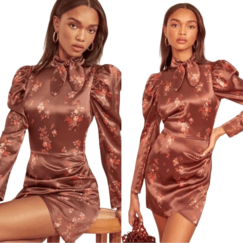 Reformation Floral Satin Mini Dress in Brown
